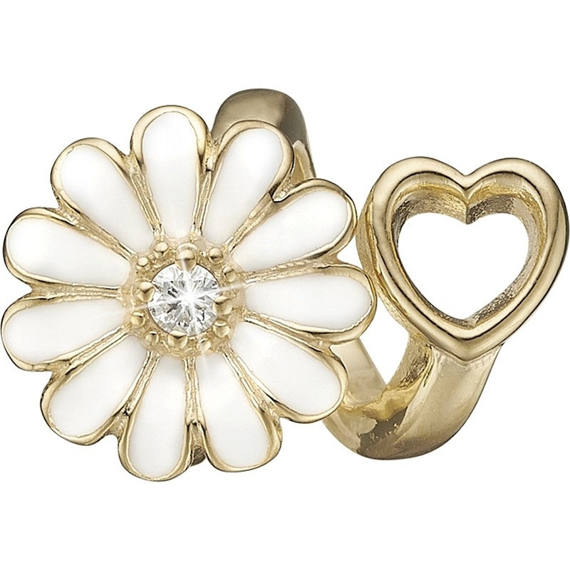 Marguerite hjerte charm i forgyldt sølv med diamant og hvide emaljekronblade fra Christina Jewelry & Watches.